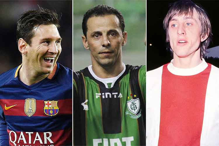 Messi (E) cobrou penalidade similar à feita por Euler (C) em 2008; cobranças remetem a jogada de Cryuff (D)