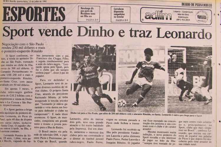 Reportagem do Diario de Pernambuco no dia 15/7/1992 sobre a chegada de Leonardo à Ilha