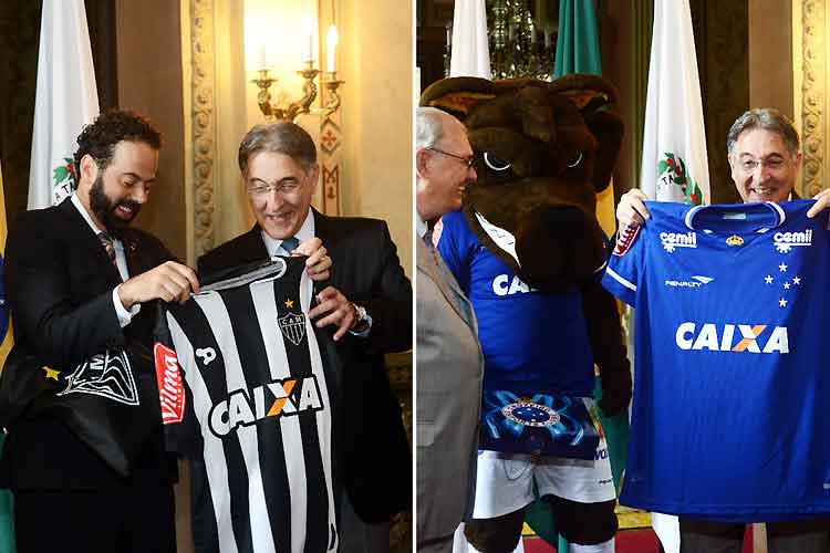 Fernando Pimentel foi presenteado pelos presidentes de Atlético e Cruzeiro com as camisas dos clubes