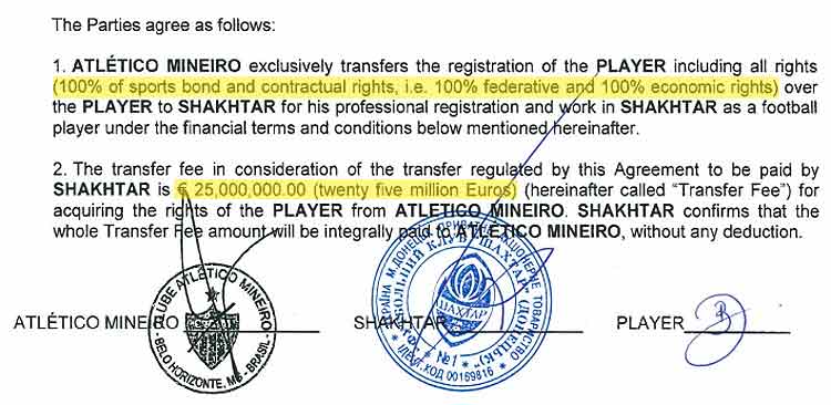 Trecho do contrato de venda do meia-atacante Bernard ao Shakthar Donetsk confirma 25 milhões de euros