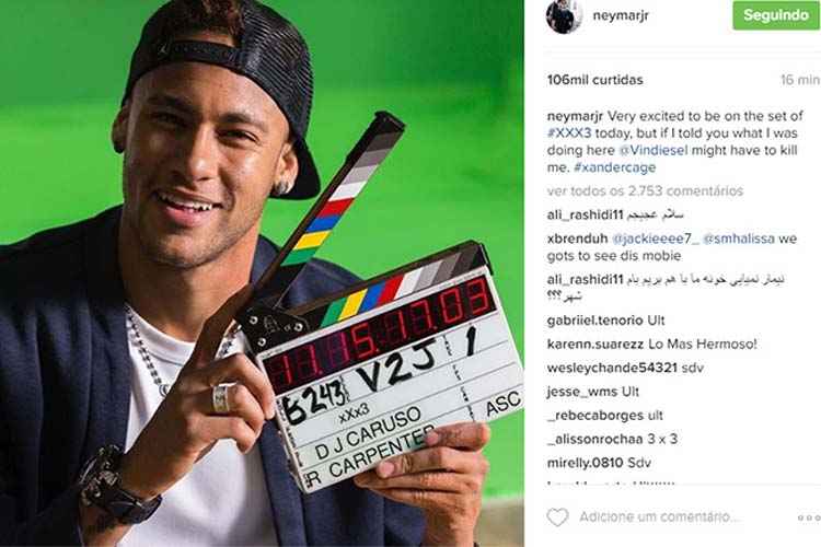 "Muito empolgado de estar no se set de Triplo X 3 hoje. Mas se eu contar o que estou fazendo aqui, Vin Diesel talvez tenha que me matar", escreveu Neymar na conta que possui no Instagram.