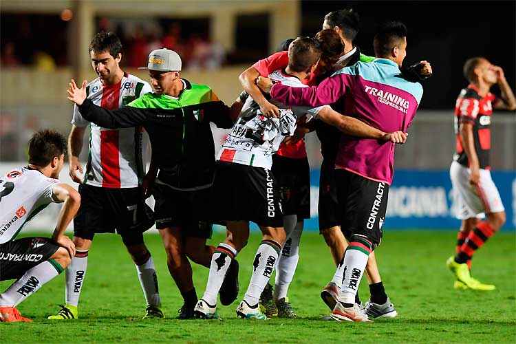 Palestino comemora classificação para as quartas de final da Sul-Americana ao bater o Flamengo em Cariacica