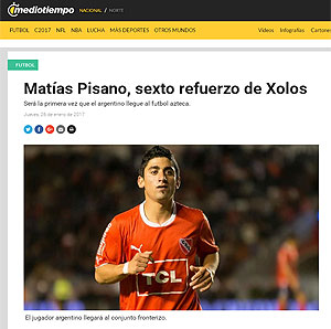 Segundo MedioTiempo, Pisano é o novo reforço do Tijuana do México