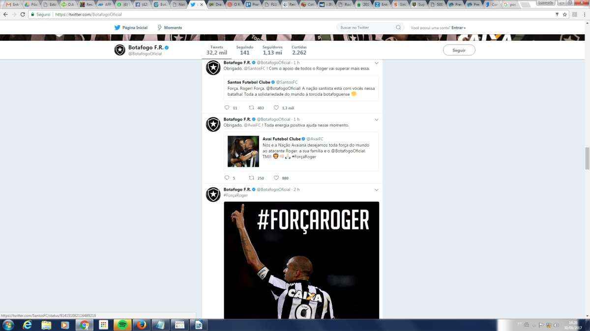 Depois da mensagem do Botafogo, clubes de todo o Brasil retuitaram imediatamente com mensagens de apoio a Roger