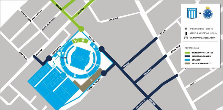 Mapa do estádio Presidente Juan Domingo Perón, em Avellaneda, mostra acesso da torcida do Cruzeiro
