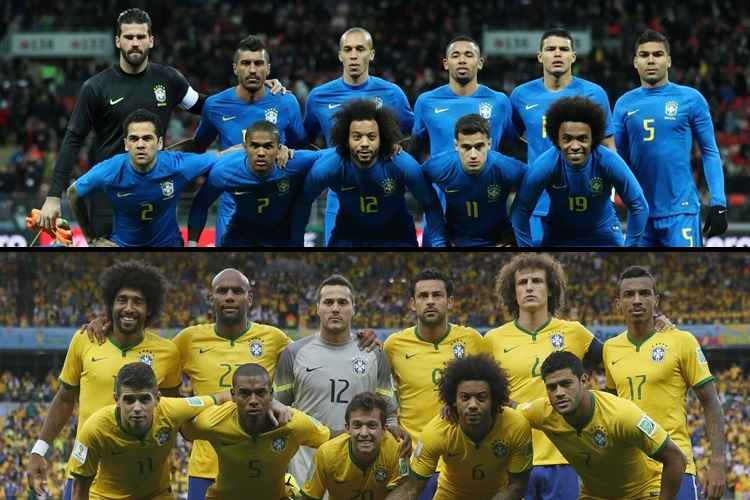 Seleção Brasileira em 2018 (cima) e no 7 x 1 de 2014 (baixo)