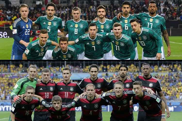 Seleção da Alemanha em 2018 (cima) e em 2014 (baixo)