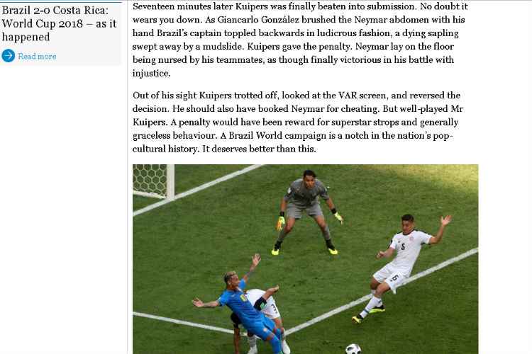 O jornal The Guardian não poupou o desempenho do time e do principal atacante da Seleção Brasileira