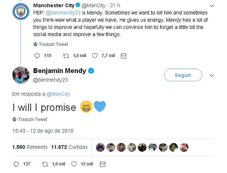 Ao ser advertido por Guardiola por usar muito as redes sociais, Mendy respondeu pelo Twitter