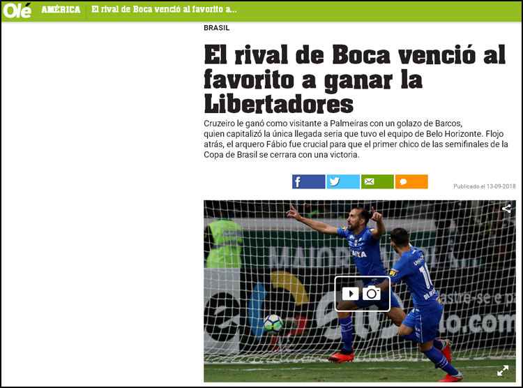 Diário Olé noticiou a vitória do Cruzeiro sobre o Palmeiras, em jogo da Copa do Brasil
