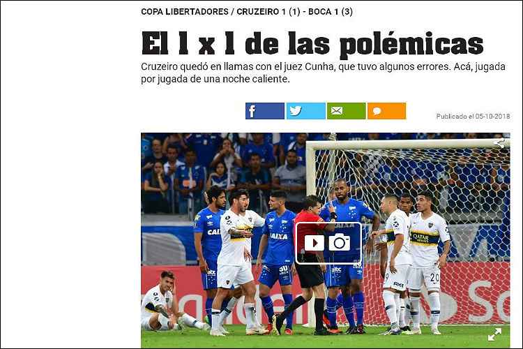 Matéria do jornal Olé destaca polêmicas de arbitragem no empate que eliminou Cruzeiro da Libertadores