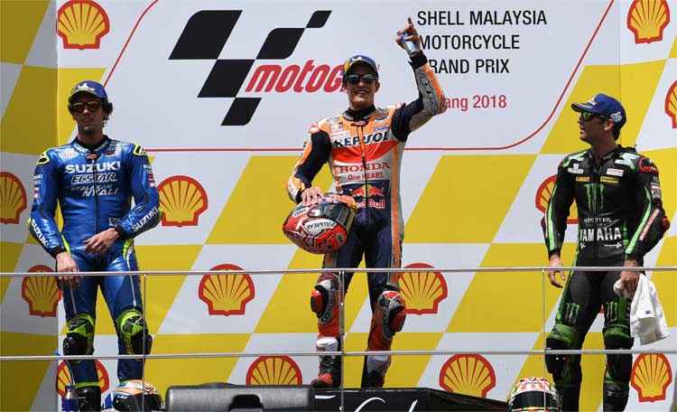 Além de Márquez, vencedor da prova, o pódio teve Alex Rins, em segundo, e Johann Zarco, em terceiro