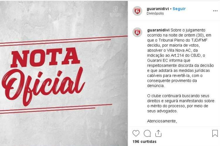 Direção do Guarani publicou nota dizendo que irá recorrer de decisão do TJD-MG