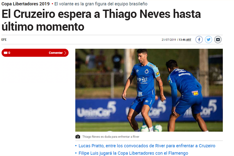 Jornal Marca afirma que Cruzeiro aguarda Thiago Neves até o último momento