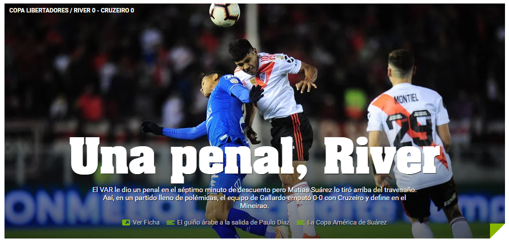 Diário argentino Olé fez trocadinho com pênalti perdido pelo River aos 52 do segundo tempo