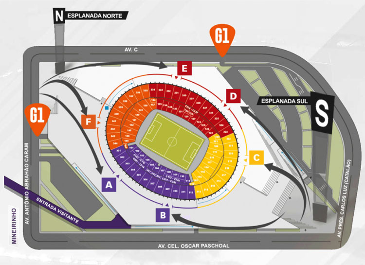 Mapa de acessos do Mineirão fornecido pela Minas Arena, operadora do Mineirão