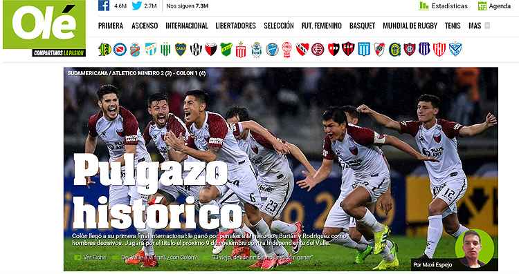 Diário Olé destacou atacante Pulga Rodríguez, camisa 10 do Colón