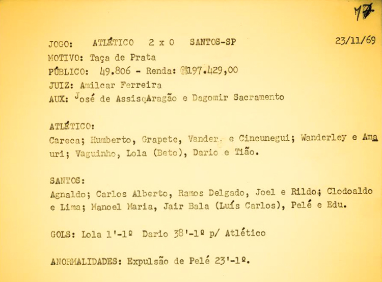 Ficha do jogo entre Atlético e Santos, de 1969, registrada pelo arquivo do Mineirão