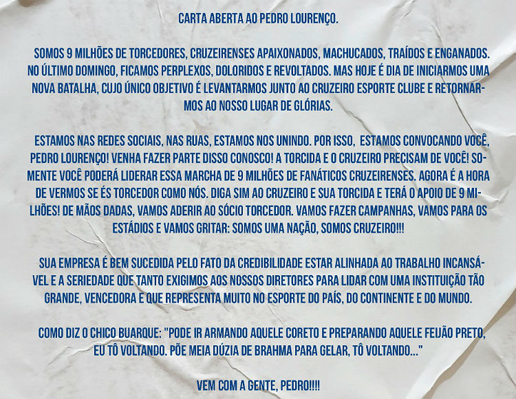 Carta aberta a Pedro Lourenço foi divulgada nesta quinta
