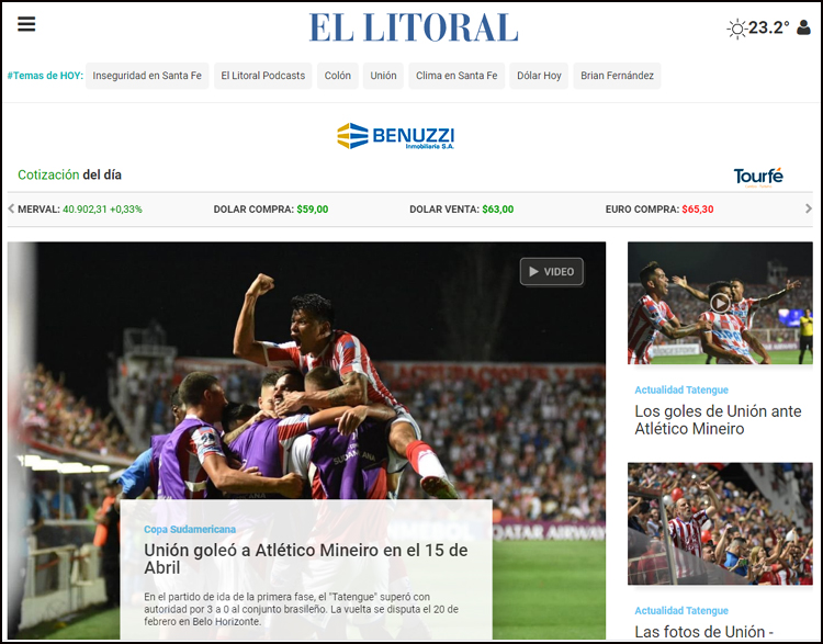 Manchete do jornal El Litoral, de Santa Fé, sobre a vitória do Unión diante do Galo