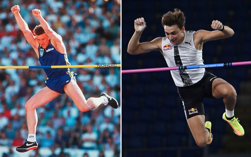 O ucraniano Sergey Bubka (esq.), em 1996, em montagem ao lado da nova estrela do esporte, o sueco Mondo, em salto feito em 2020