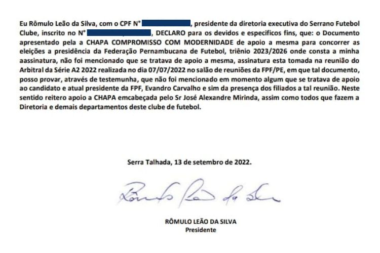 Serra Talhada afirma que documento assinado seria referente a ata de reunião