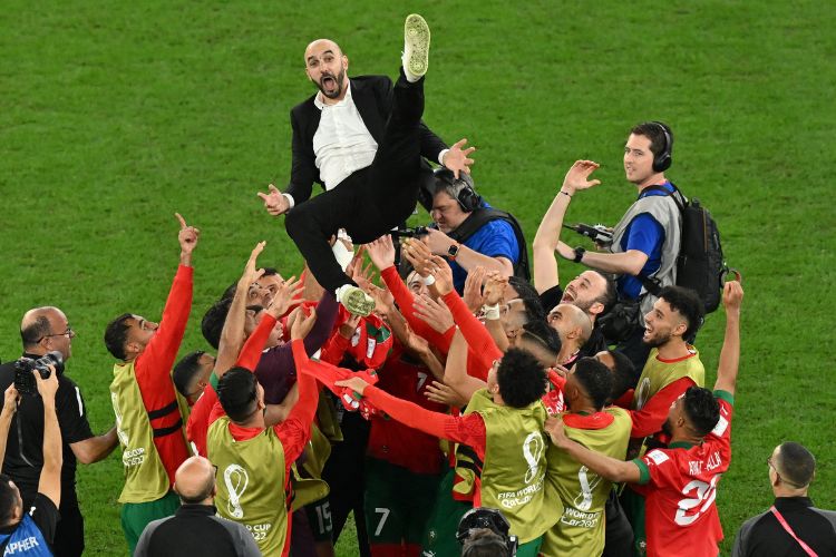Jogadores comemoram muito com o técnico Walid Regragui