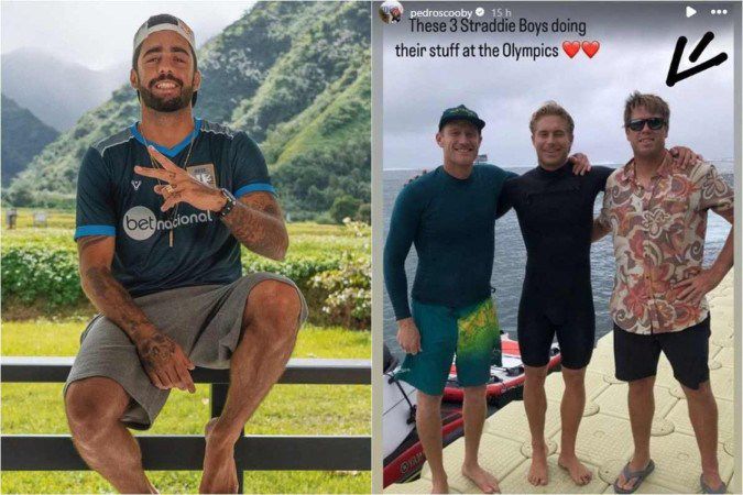 Pedro Scooby levanta suspeita sobre juiz do surfe em prova de Medina; Na imagem Pedro Scooby (esquerda) e Benjamin Lowe abraçado com Ethan Ewing, na direita