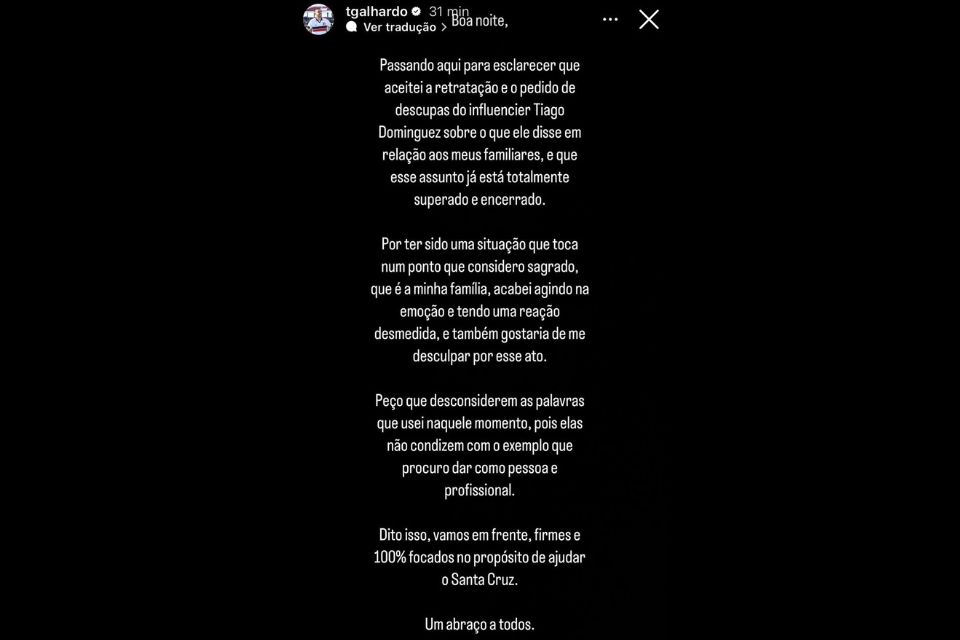Thiago Galhardo publicou pronunciamento na noite desta terça-feira