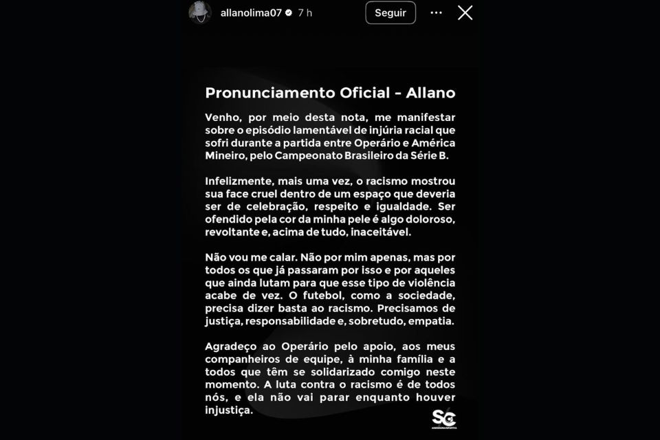 Manifestação do jogador Allano, do Operário-PR
