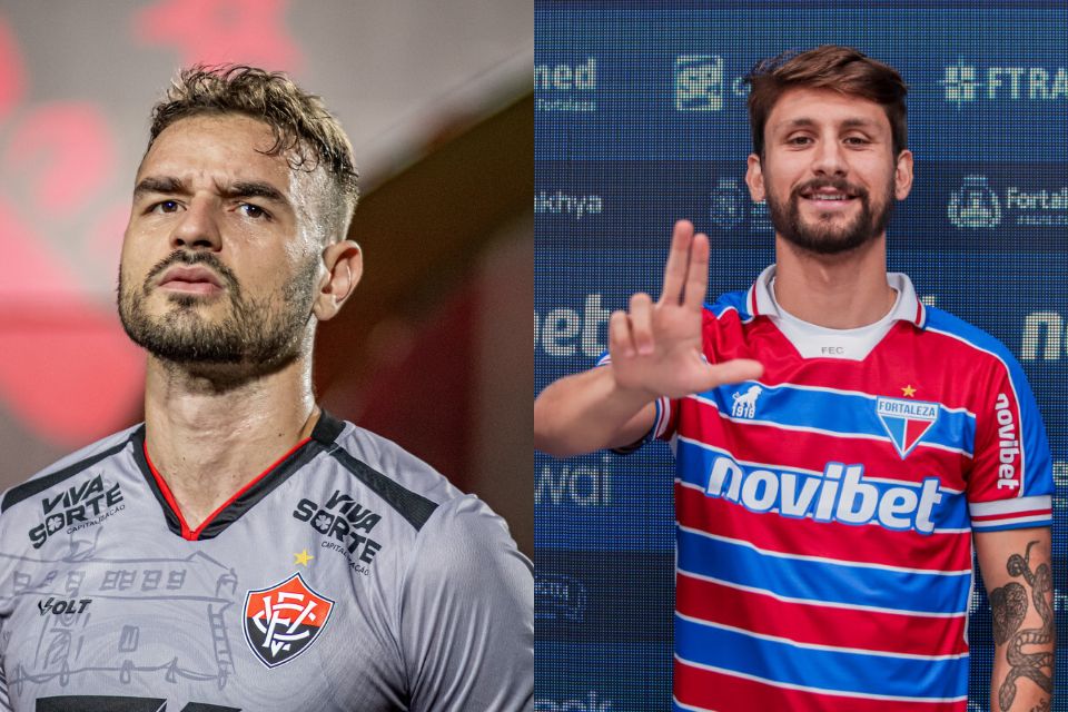 Goleiro Gabriel Vasconcellos, do Vitória, e volante Pedro Augusto, do Fortaleza